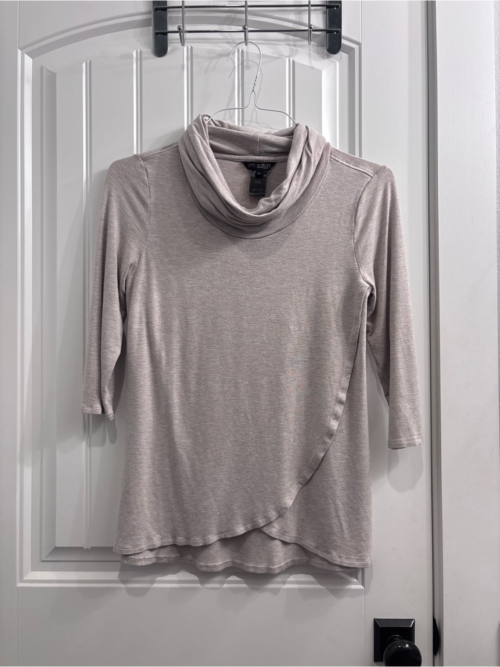 Dusty Taupe Cowl Neck Draped Hem Sweater